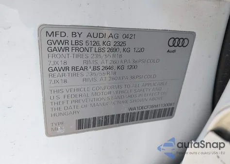 2021 Audi Q3 Premium 45 Tfsi S Line Quattro Tiptronic z USA, uszkodzony, nr VIN WA1DECF35M1130081